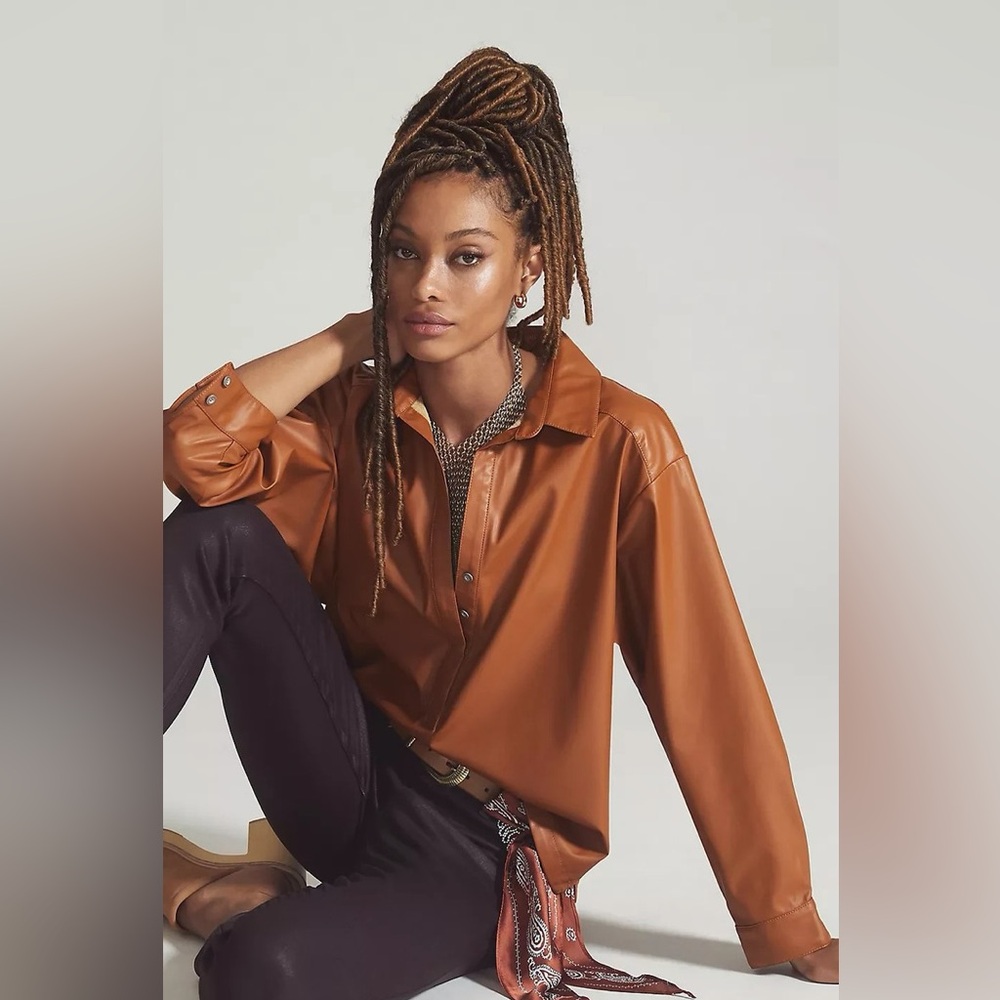Anthropologie cedar brown faux leather shirt jacket